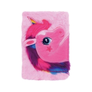 Plišani notes unicorn A5 sa 3D rogom, ušima i šarenom grivom jednoroga