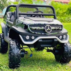 Džip Mercedes Unimog 4×4 Licencirani Dvosed na akumulator sa kožnim sedištima i mekim gumama – maskirni, model 318-1 dzip-auto-na-baterije-terenac-mercedes