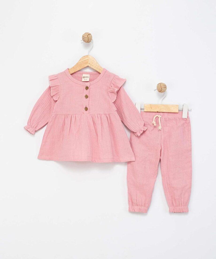 Elegantni komplet od lana za devojčice u svetlo roze boji