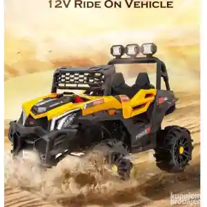 Off road auto na akumulator zuti Off Road auto na akumulator 12V za decu, crveno-crni terenac sa LED svetlima i velikim točkovima.
