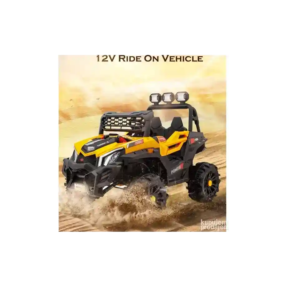 Off road auto na akumulator zuti Off Road auto na akumulator 12V za decu, crveno-crni terenac sa LED svetlima i velikim točkovima.