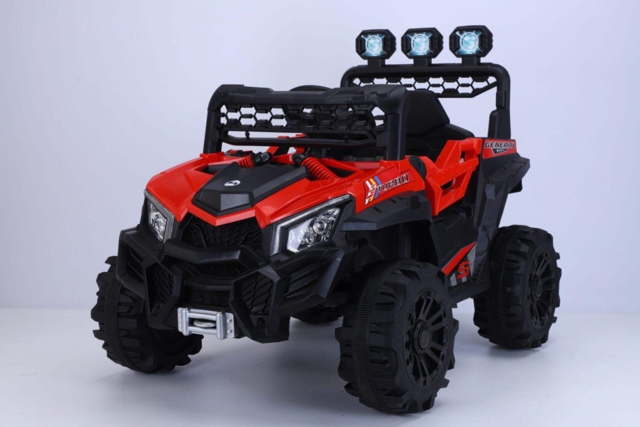 Off Road auto na akumulator 12V za decu, crveno-crni terenac sa LED svetlima i velikim točkovima.