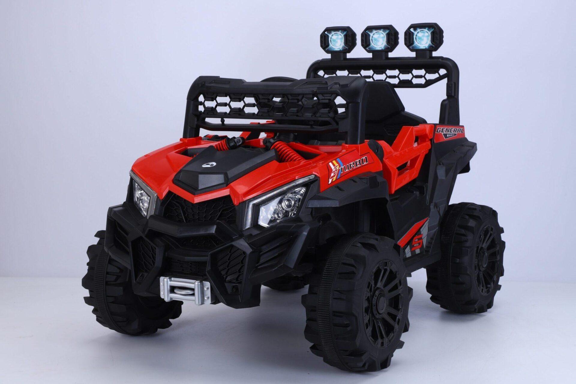 Off Road auto na akumulator 12V za decu, crveno-crni terenac sa LED svetlima i velikim točkovima.