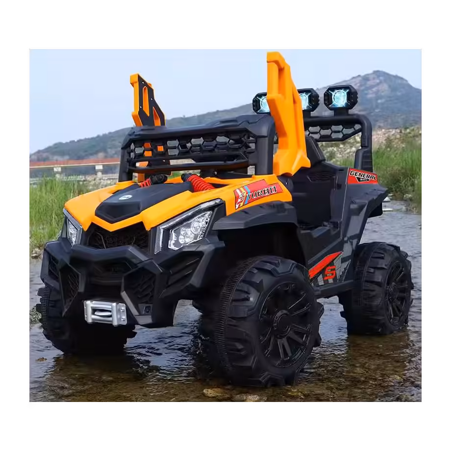 Off road auto na akumulator zuti Off Road auto na akumulator 12V za decu, crveno-crni terenac sa LED svetlima i velikim točkovima.