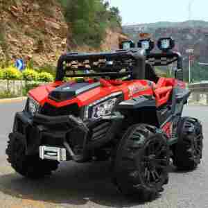 Off Road auto na akumulator 12V za decu, crveno-crni terenac sa LED svetlima i velikim točkovima.