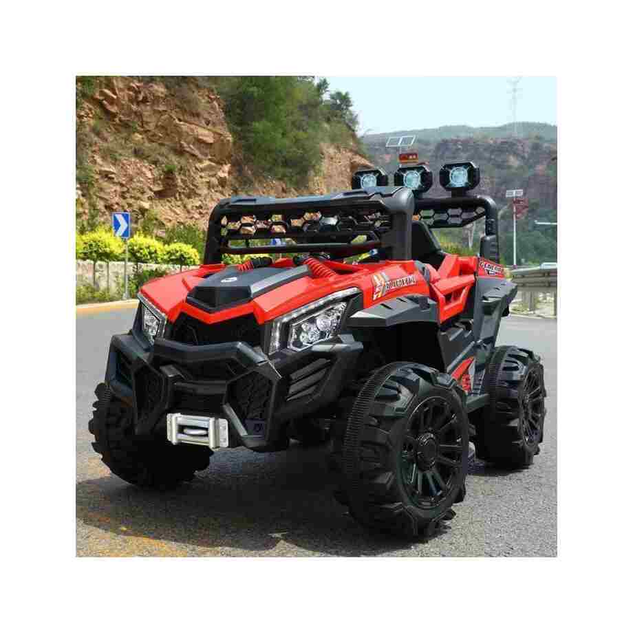 Off road auto na akumulator crveni Off Road auto na akumulator 12V za decu, crveno-crni terenac sa LED svetlima i velikim točkovima.