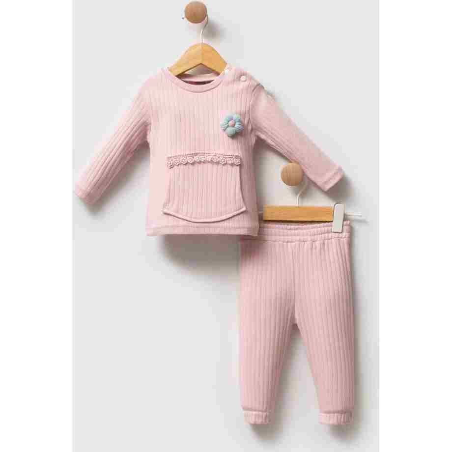 komplet za bebe roze sa cvetom 03–12 meseci