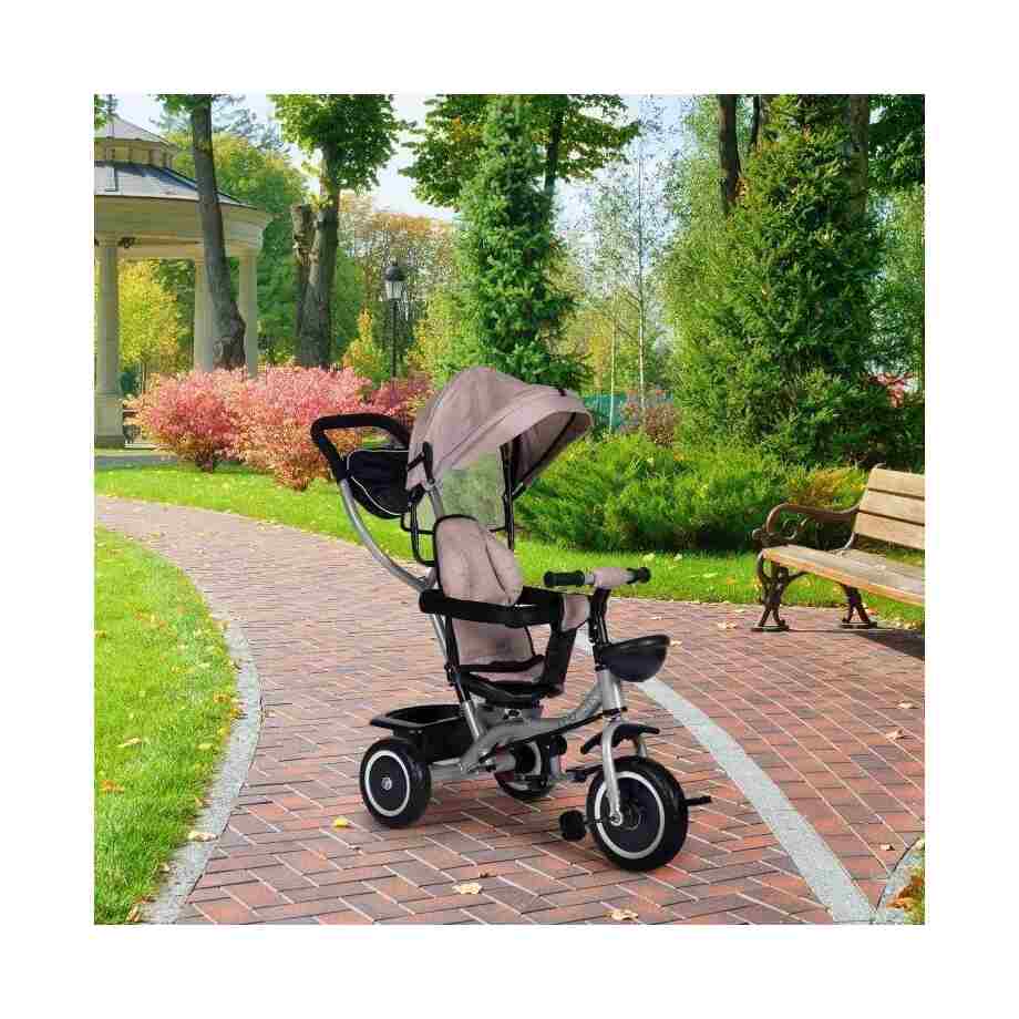 2u1 tricikl sa rotirajućim sedištem i sklopivom tendom Beige, ECOTOYS tricikl sa rotirajućim sedištem bež boje za decu detalj
