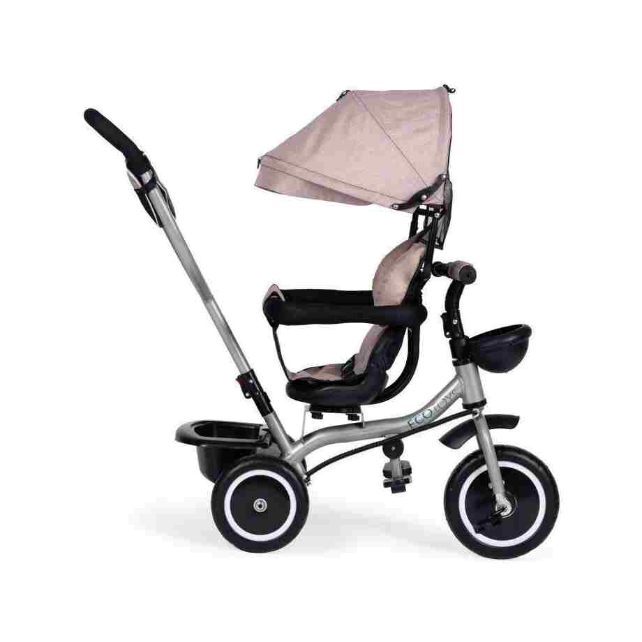 2u1 tricikl sa rotirajućim sedištem i sklopivom tendom Beige, ECOTOYS tricikl sa rotirajućim sedištem bež boje za decu bliži prikaz