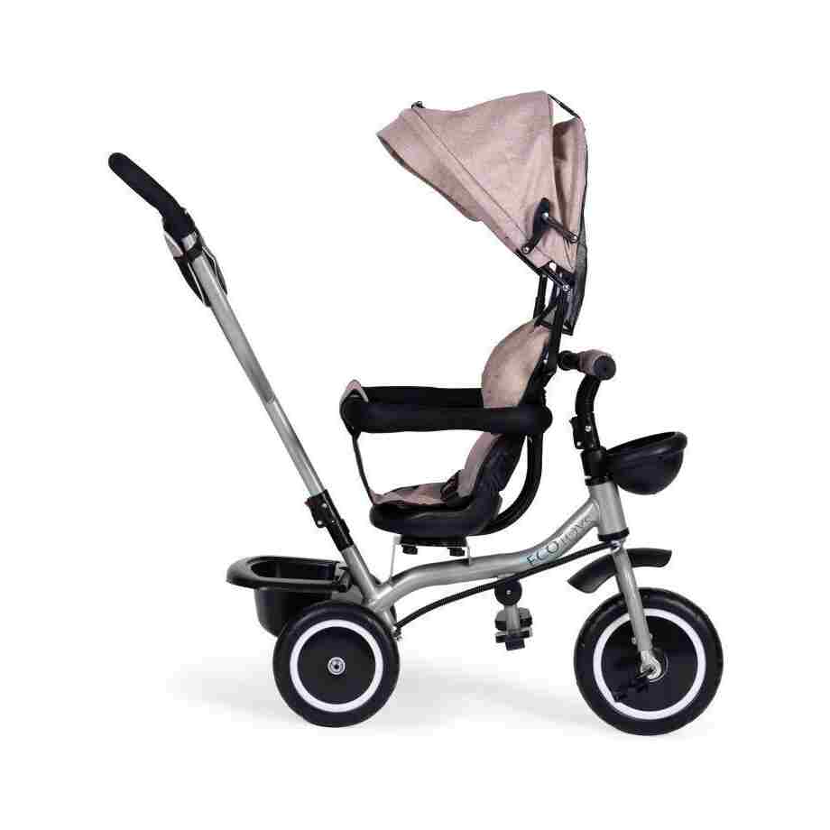 2u1 tricikl sa rotirajućim sedištem i sklopivom tendom Beige, ECOTOYS tricikl sa rotirajućim sedištem bež boje za decu pogled sa strane
