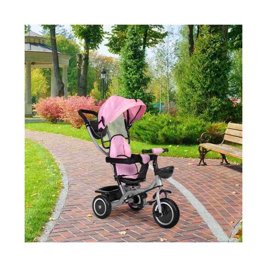 2u1 tricikl sa rotirajućim sedištem i sklopivom tendom Pink, ECOTOYS Tricikl 2u1 sa kočnicom ECOTOYS roze