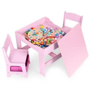 dečiji set sto i 2 stolice sa tablom za pisanje roze pogled sa strane
