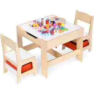 dečiji set sto i 2 stolice sa tablom za pisanje wood ecotoys prirodni ton drveta