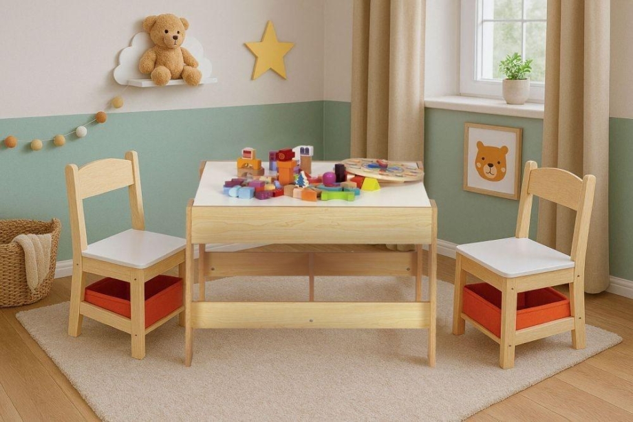 Dečiji set sto i 2 stolice sa tablom za pisanje Wood ECOTOYS dečiji set sto i 2 stolice sa tablom za pisanje wood ecotoys prirodni ton drveta detalj
