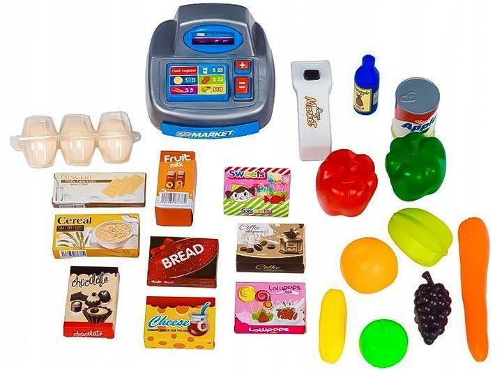 supermarket štand za decu sa kasirom i skenerom bliži prikaz