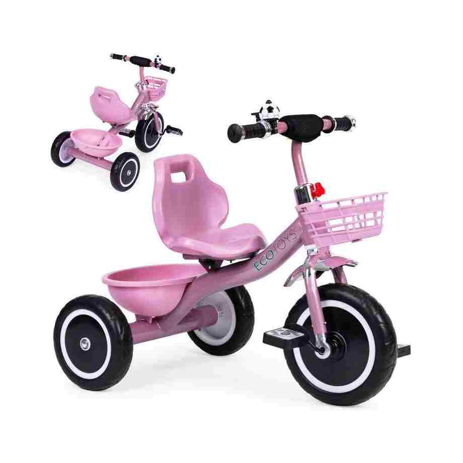 tricikl sa neklizajucim rukohvatima zvoncem i korpom pink ecotoys15312