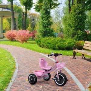 Tricikl sa neklizajućim rukohvatima, zvoncem i korpom, Pink, ECOTOYS Tricikl sa korpom ECOTOYS roze
