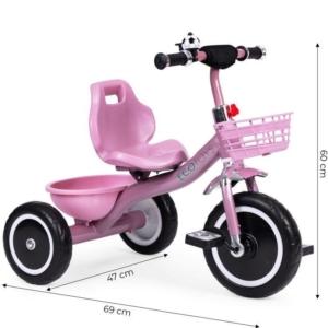 Tricikl sa neklizajućim rukohvatima, zvoncem i korpom, Pink, ECOTOYS Tricikl sa korpom ECOTOYS roze