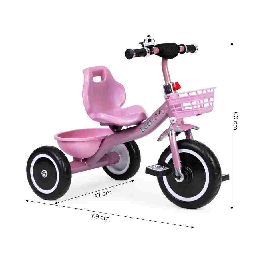 Tricikl sa neklizajućim rukohvatima, zvoncem i korpom, Pink, ECOTOYS tricikl sa neklizajućim rukohvatima pink brend ECOTOYS tekstura materijala