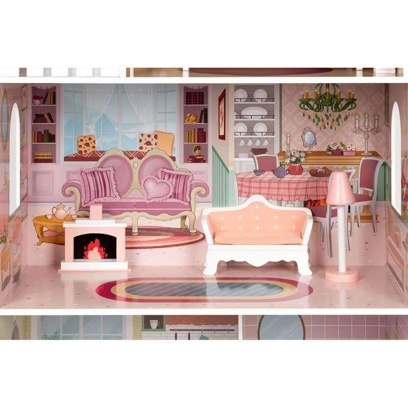 velika drvena kućica za lutke sa nameštajem pogled sa strane