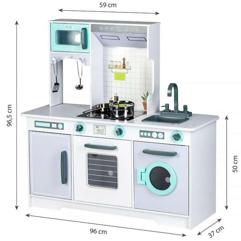 drvena kuhinja sa ves mašinom za decu u boji drveta pogled sa strane