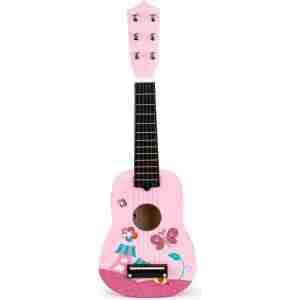 drvena gitara za decu sa metalnim žicama pink eco toys sa trzalicom