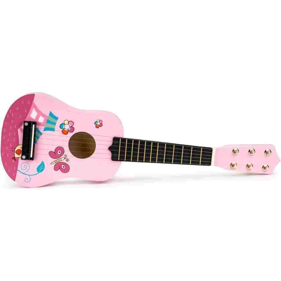 drvena gitara za decu sa metalnim žicama pink eco toys sa trzalicom