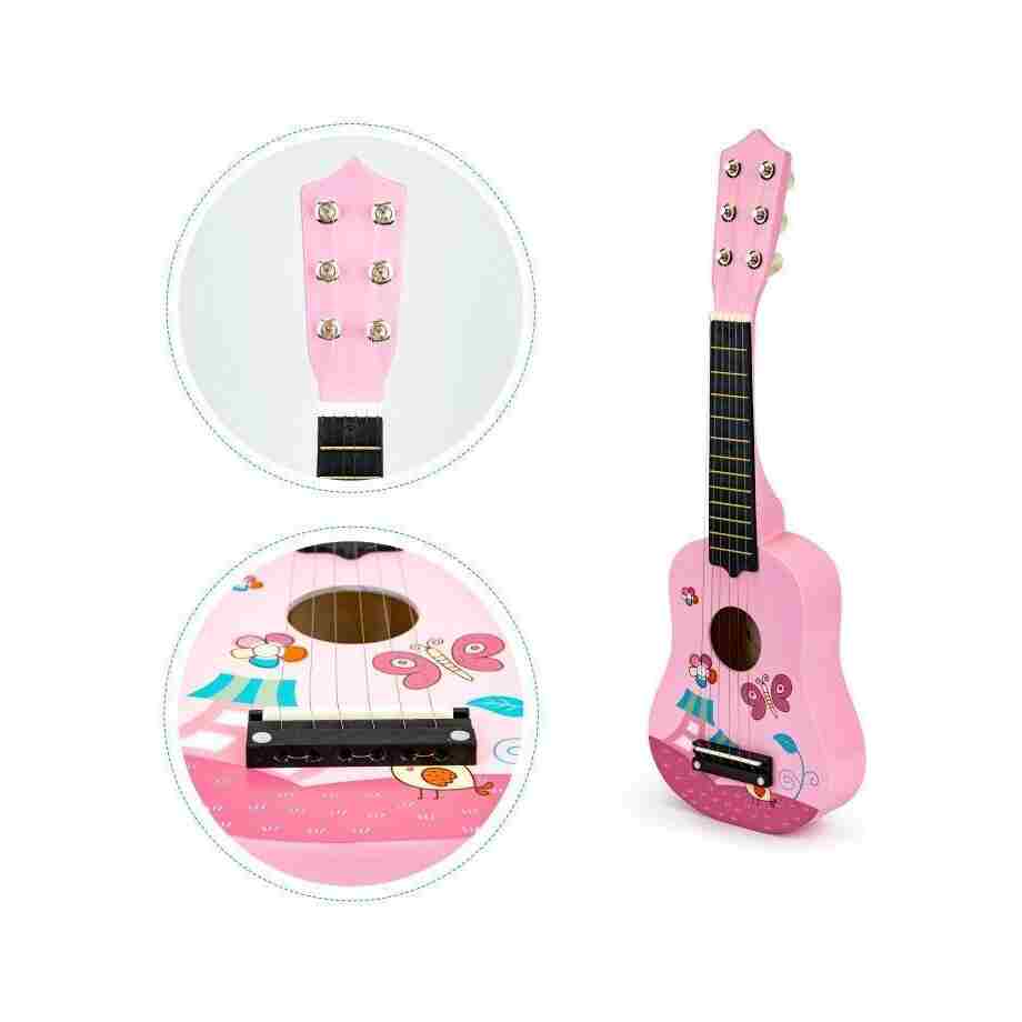drvena gitara za decu sa metalnim žicama pink eco toys sa trzalicom