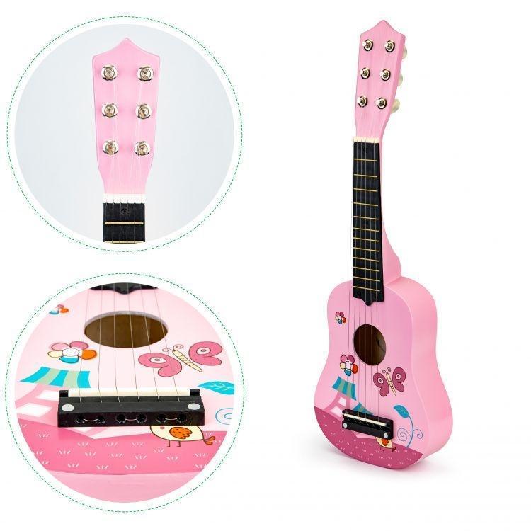 drvena gitara za decu sa metalnim žicama pink eco toys sa trzalicom