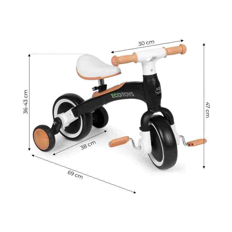 ecotoys balans bicikl sa pedalama i pomocnim tockovima 3u1 black5343020