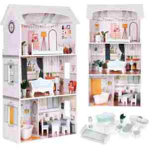 Kućica za lutke Alice na 3 sprata, 4 sobe, set sa 9 komada nameštaja – ECOTOYS