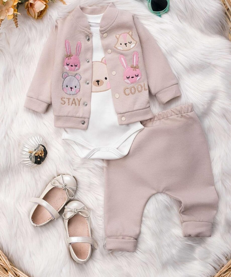 Komplet 3 dela bodi bež 00–09 meseci od pamuka sa nežnim životinjskim aplikacijama