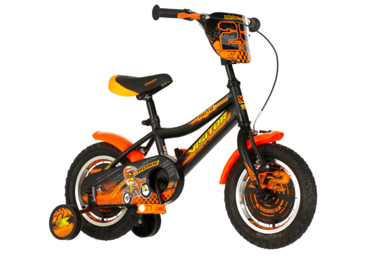 1120071-03 Bicikl kids visitor motocross 12" 8" v-brake 95-115cm (12") crno narandžasti polu mat