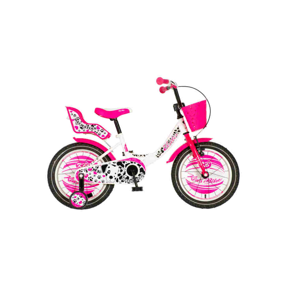 Bicikl kids visitor dalmatian 16" 8" v-brake kontra 105-125cm (16") belo roze Bicikl kids visitor dalmatian 16" 8" v-brake kontra 105-125cm (16") belo roze