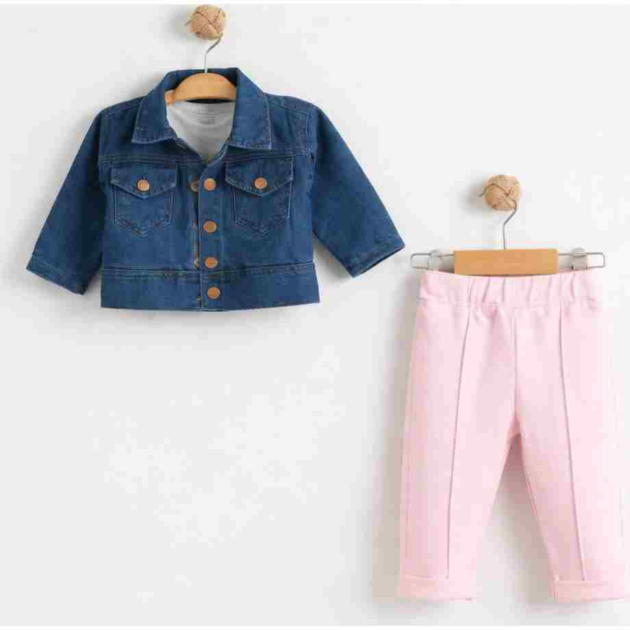 komplet sa teksas jaknom roze teddy kids za bebe devojčice trodjelni set