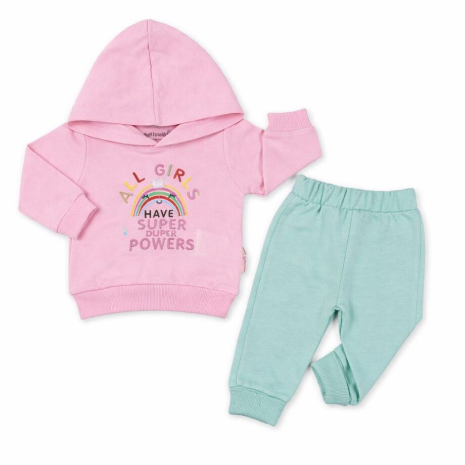 komplet duga roze-zeleni maibella roze gornji deo sa kapuljacom i zeleni donji deo