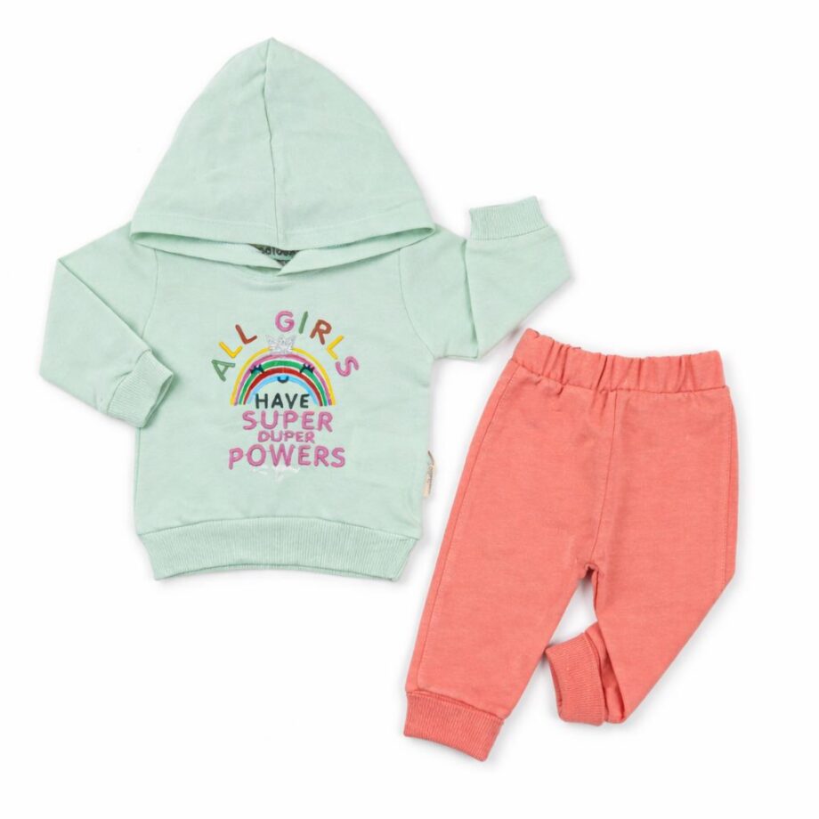 komplet duga zeleno-kajsija maibella gornji deo sa kapuljacom i donji deo kajsija boje