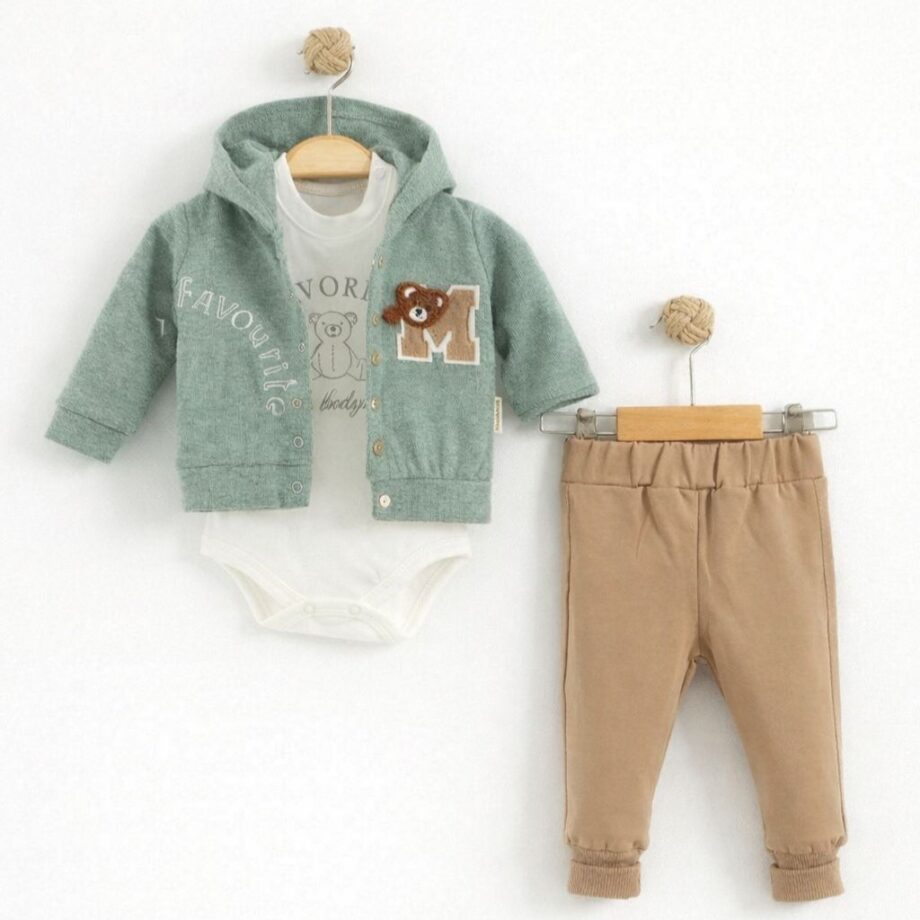 komplet 3 dela meda za bebe dečake gornji deo kapuljača donji deo rafl bodi