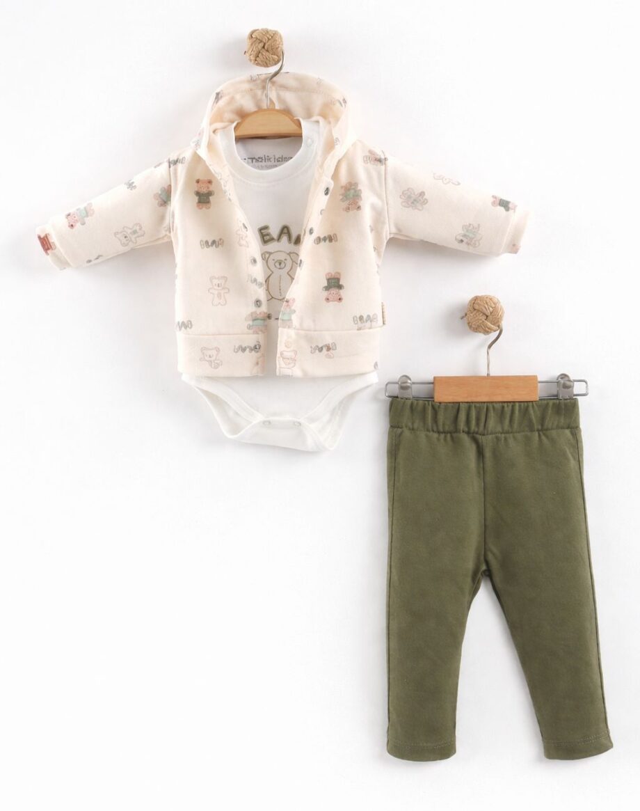 komplet 3 dela bear krem-zeleni maibella gornji deo bodi pantalonice za bebe