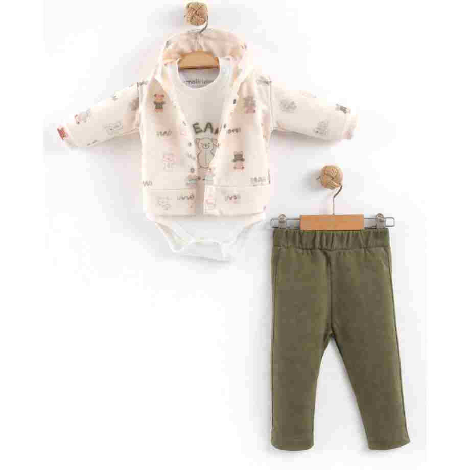 komplet 3 dela bear krem-zeleni maibella gornji deo bodi pantalonice za bebe