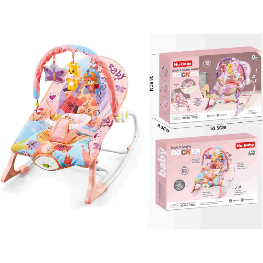 muzička ležaljka za bebe hu-baby rocker sa visećim igračkama i sigurnosnim pojasom