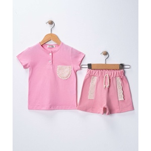 Komplet majica i šorc za devojčice roze sa čipkastim detaljima 2-5 godina