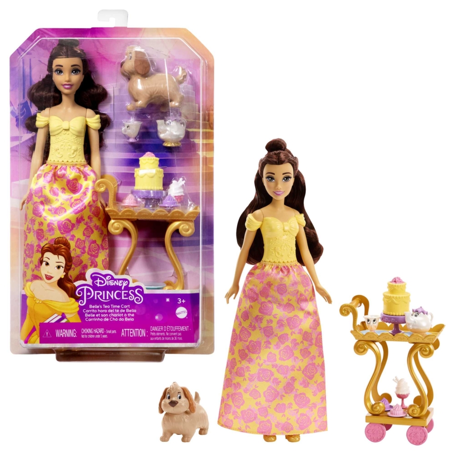 Disney princeza Belle – set sa kolicima za čaj Disney princeza Belle lutka sa zlatnim kolicima za čaj