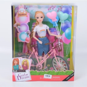 Lutka sa biciklom i balonima Lutka sa roze biciklom i balonima