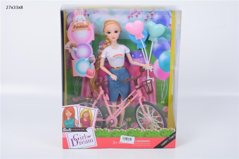 Lutka sa biciklom i balonima Lutka sa roze biciklom i balonima