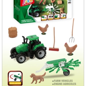Traktor sa životinjama i alatom za farmu Traktor sa priključkom za seno, kokoškama i psom