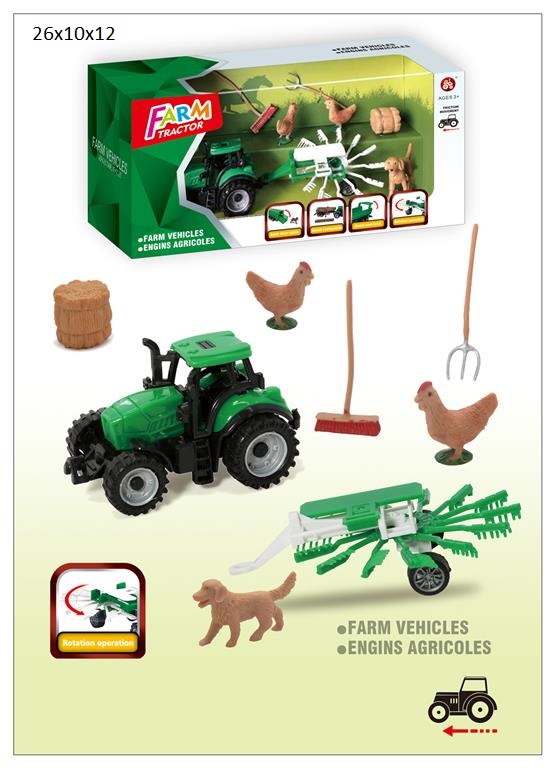 Traktor sa životinjama i alatom za farmu Traktor sa priključkom za seno, kokoškama i psom