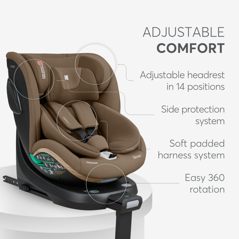 KIKKA BOO Autosedište I-TWIST premium i-Size 40-150 cm ISOFIX sa potpornom nogom coffee Autosedište I-Twist premium coffee – naslon za glavu u 14 pozicija i pojas u 5 tačaka
