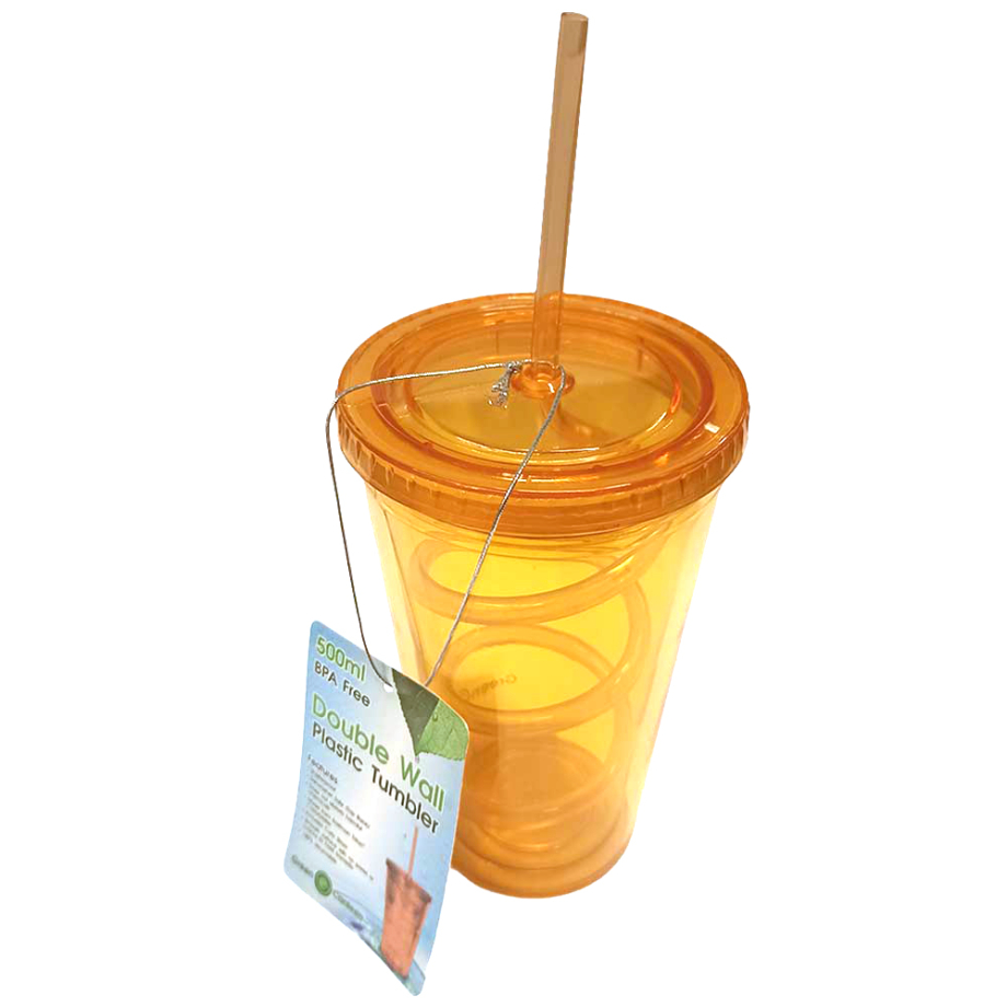 Čaša za vodu sa slamkom i poklopcem 500 ml narandžasta