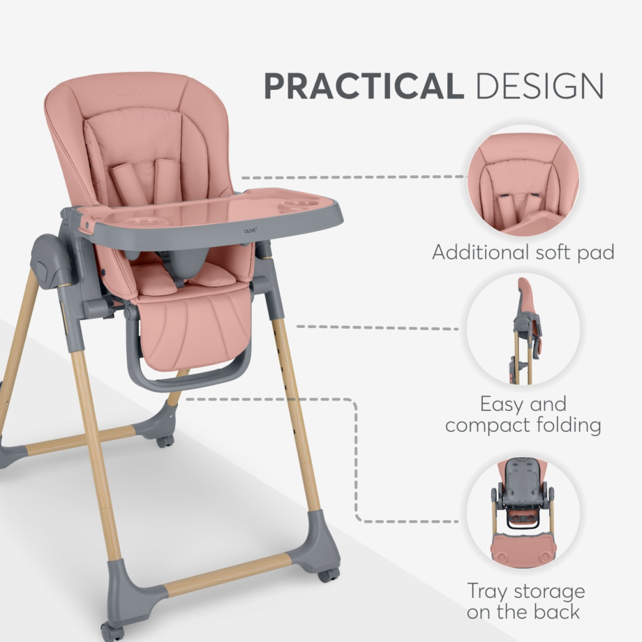 KIKKA BOO Hranilica OLIVE 2 premium wood dekor pink Hranilica Olive 2 premium wood dekor pink – dodatni mekani uložak, kompaktno sklapanje i odlaganje tacne na zadnjoj strani